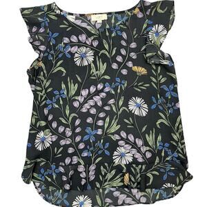 Ann Taylor Loft Outlet Flutter Sleeve Top Gray Lilac Blue Floral Women’s Small